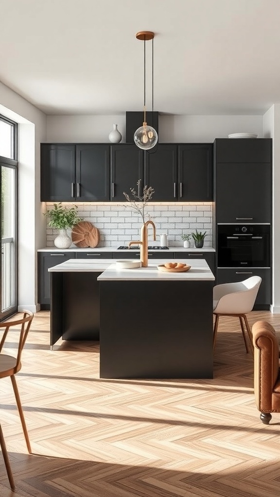 A modern narrow kitchen island with a white countertop in a contemporary kitchen