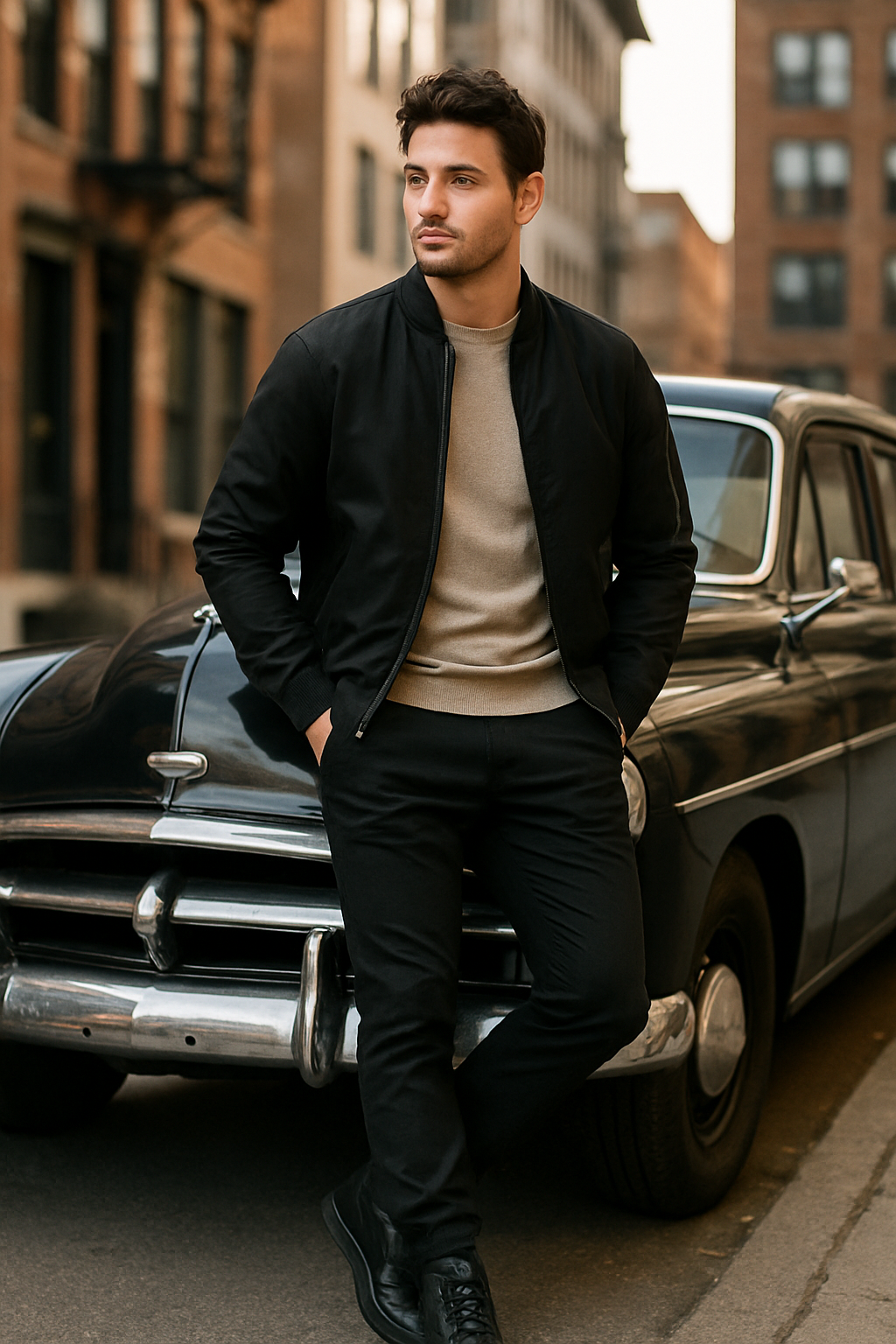 Man wearing a black bomber jacket, light sweater, and black high-top shoes, standing next to a classic car.
