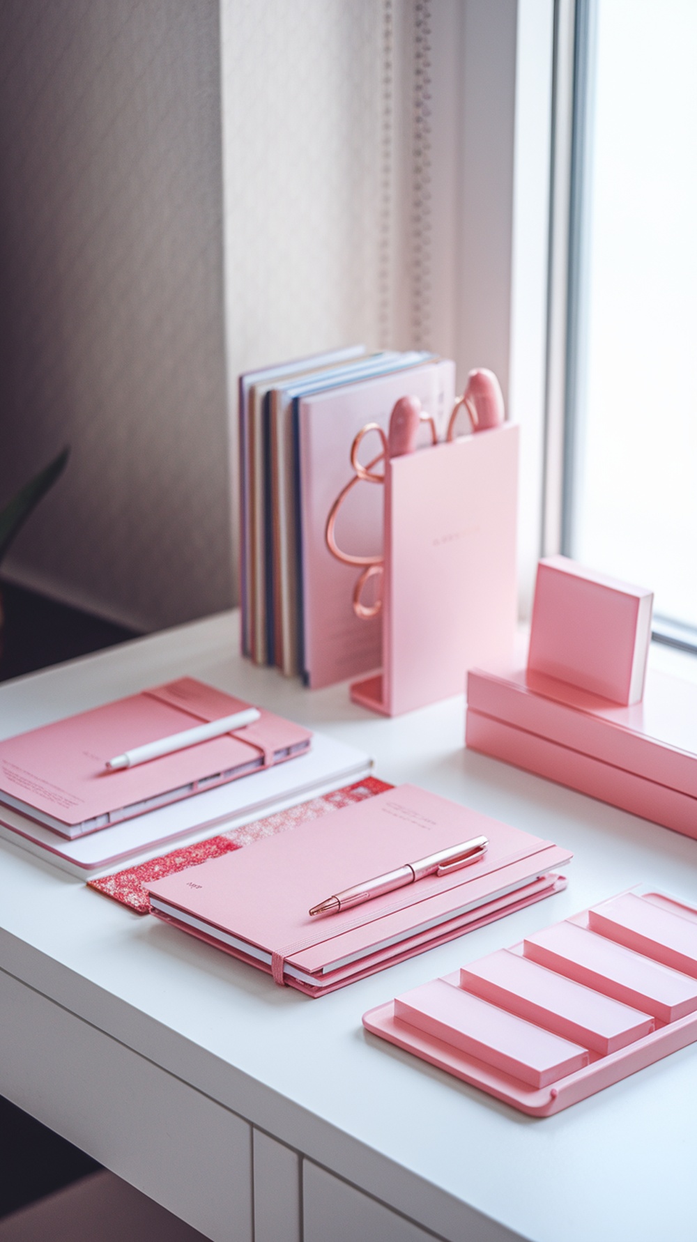 A stylish pink stationery setup on a desk, featuring notebooks, a pen, and a desk organizer.