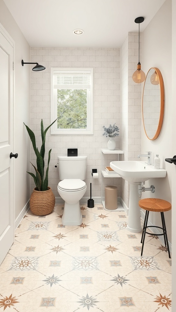 A modern half bathroom featuring trendy tile patterns on the floor, light walls, and stylish fixtures.