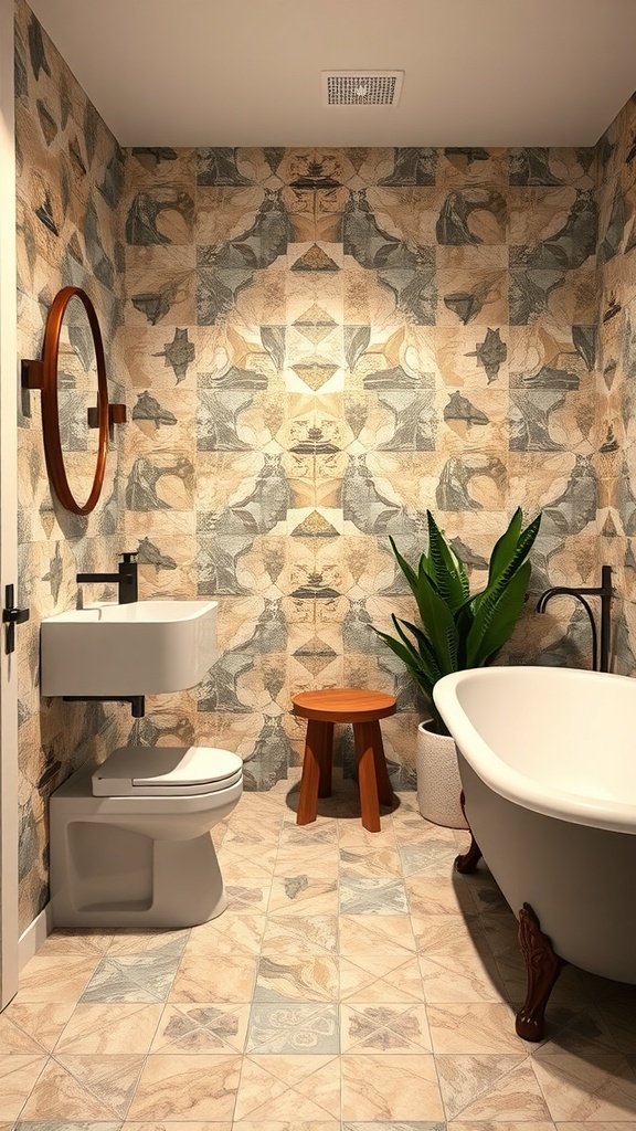 Stylish basement bathroom with trendy tile patterns on walls and floor.