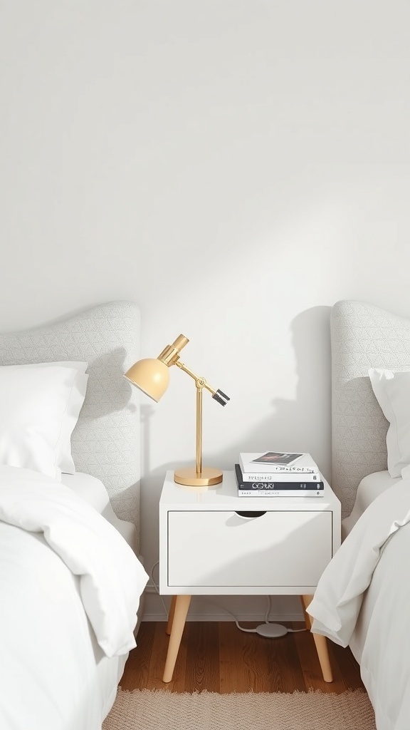 A stylish white bedside table with a lamp and books next to a bed