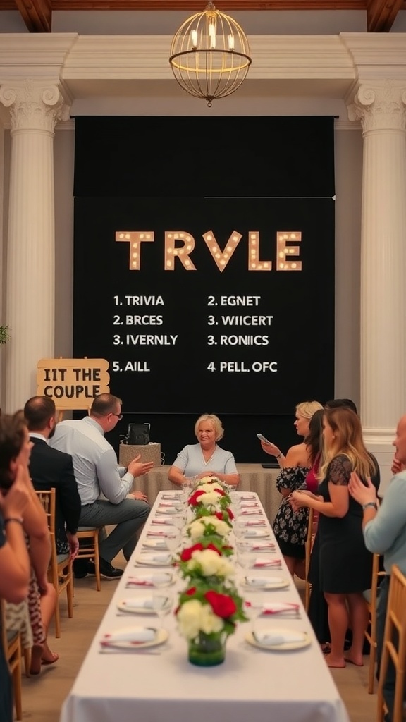 Guests engaged in a trivia quiz about the couple at a backyard wedding.