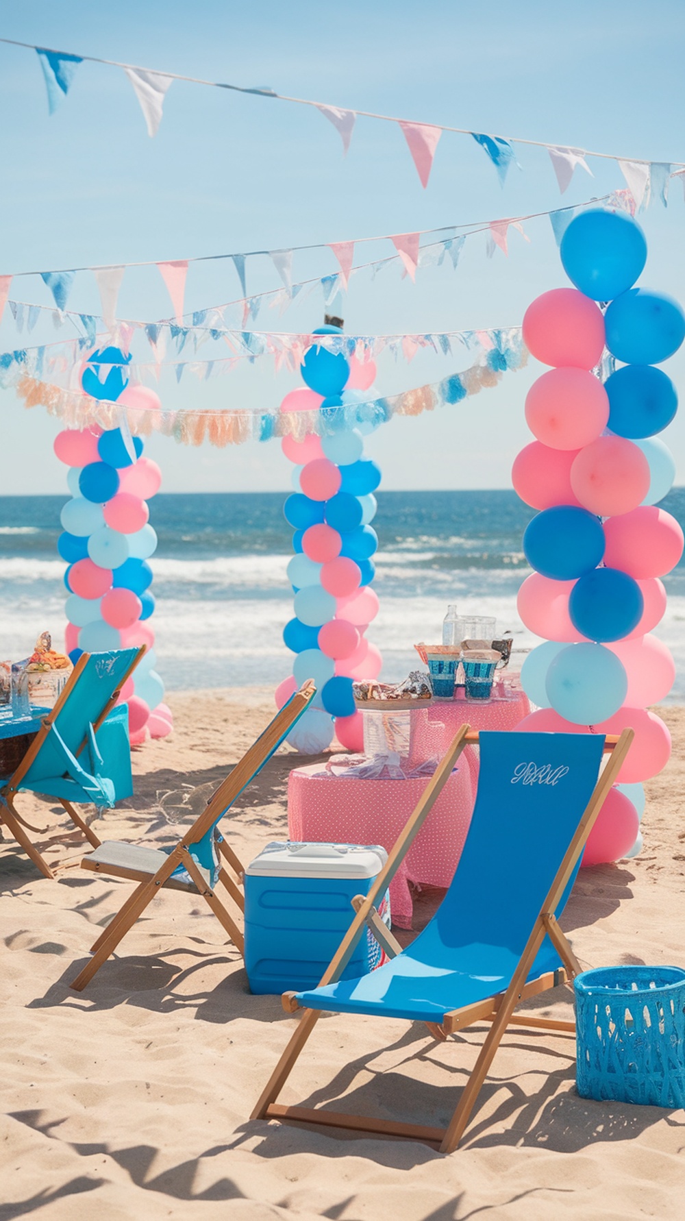 Tropical beach decorations for a gender reveal party with blue and pink balloons, chairs, and table settings.