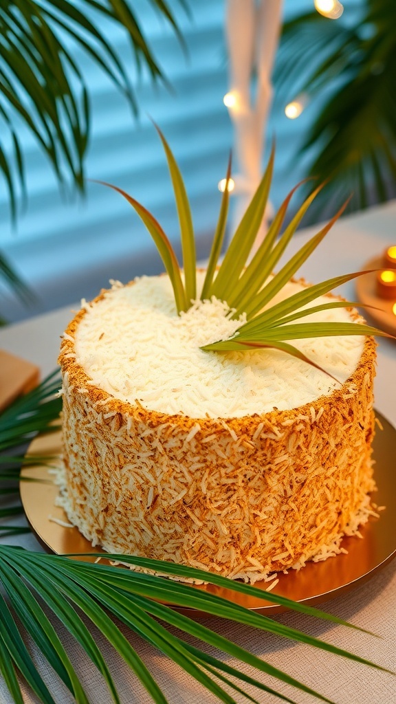 A tropical coconut cake topped with palm leaves and shredded coconut.