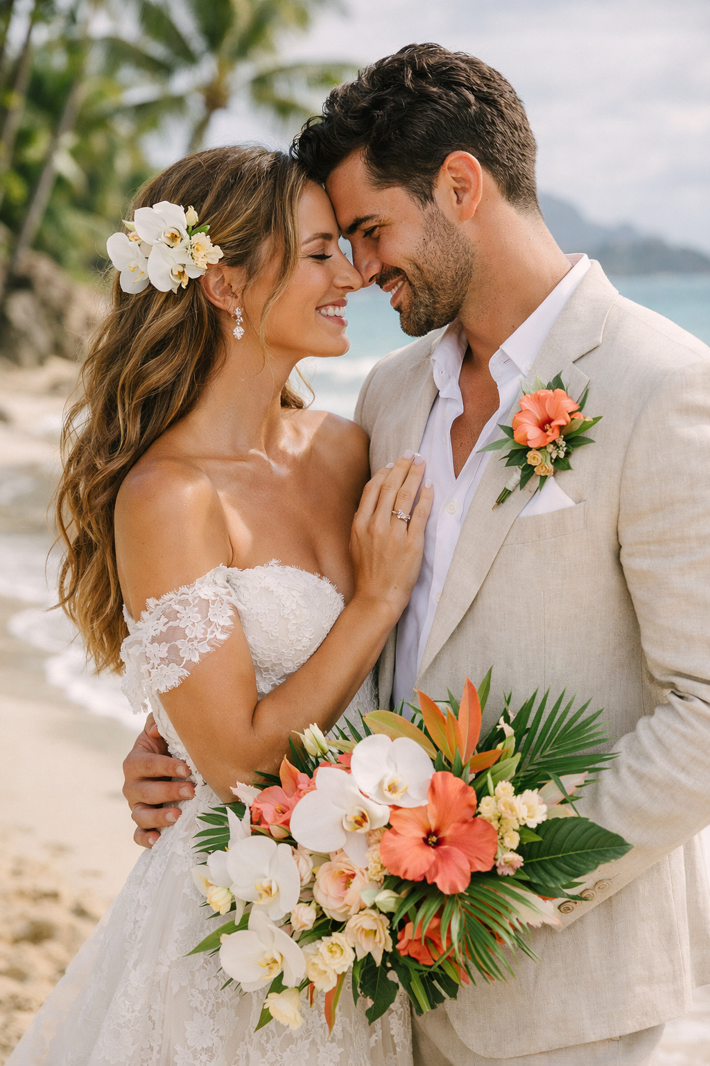 A couple sharing a romantic moment on the beach, featuring tropical floral accents in the bride's bouquet and hair.