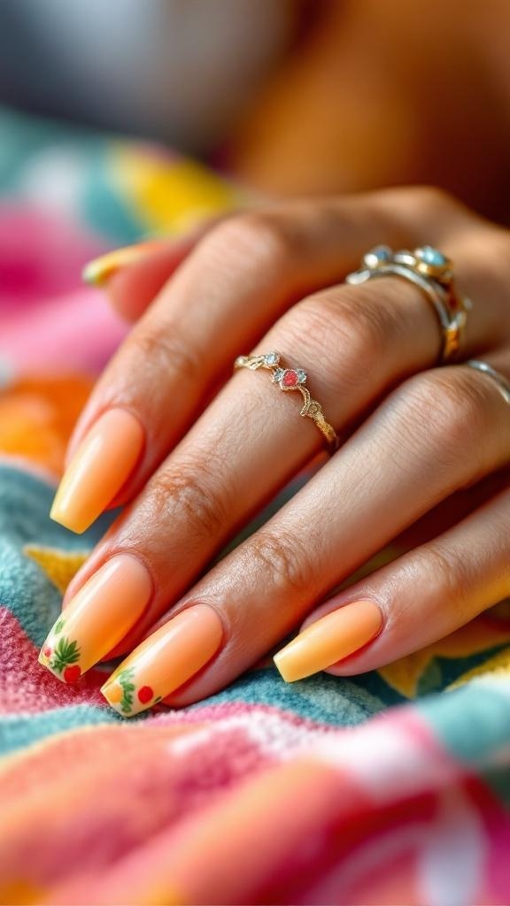 Close-up of a hand with orange nails featuring tropical fruit designs on the tips.