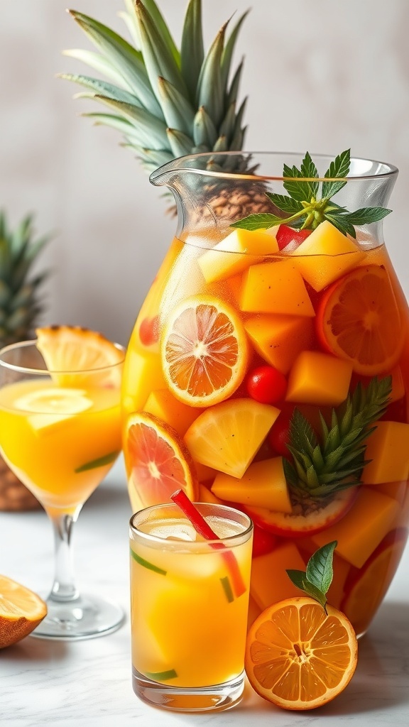 A pitcher of tropical fruit sangria with pineapple, mango, and citrus slices, garnished with mint leaves, alongside glasses of the drink.