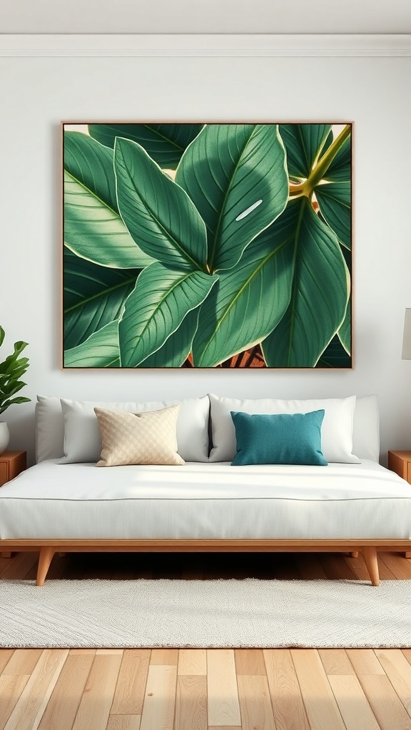 A large canvas print of tropical leaves hanging above a white sofa with decorative pillows.