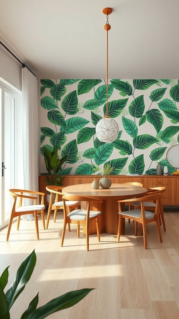 A dining room featuring a tropical leaf print accent wall, round wooden table, and simple chairs.