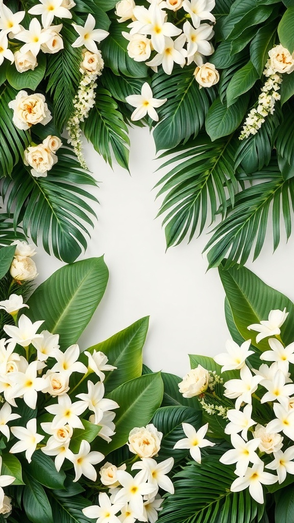 A beautiful bridal shower photo backdrop featuring tropical leaves and white flowers.