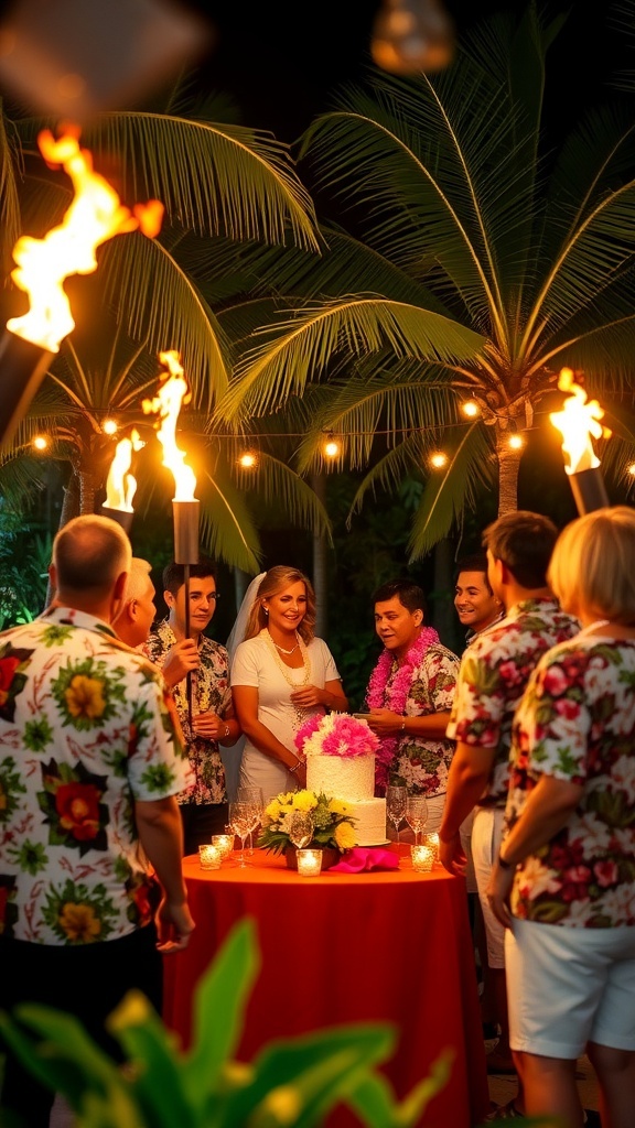 A tropical luau bridal shower scene with friends celebrating around a cake under palm trees.