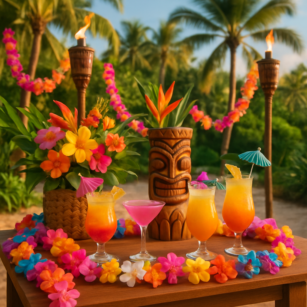 A vibrant tropical luau setup with colorful cocktails, flowers, and a tiki statue.