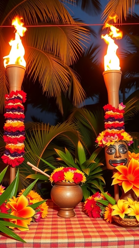 A beautifully decorated tropical luau table with tiki torches, flowers, and a decorative mask.
