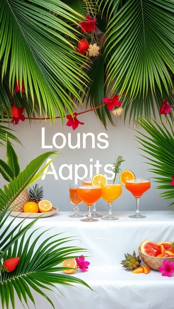 Tropical-themed drinks and decorations for a bridal shower.