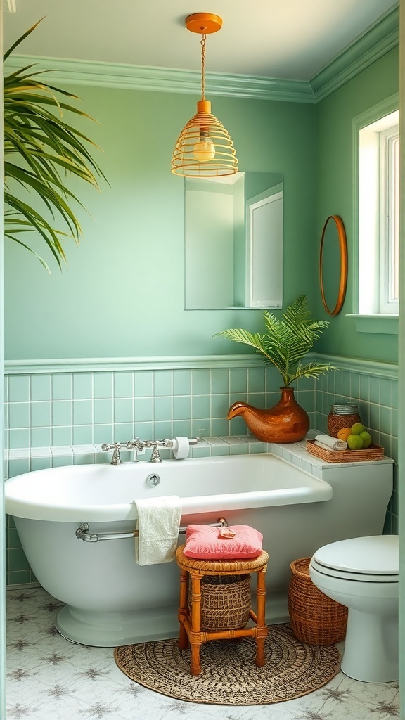 A tropical-themed bathroom with green walls, plants, and natural decor.
