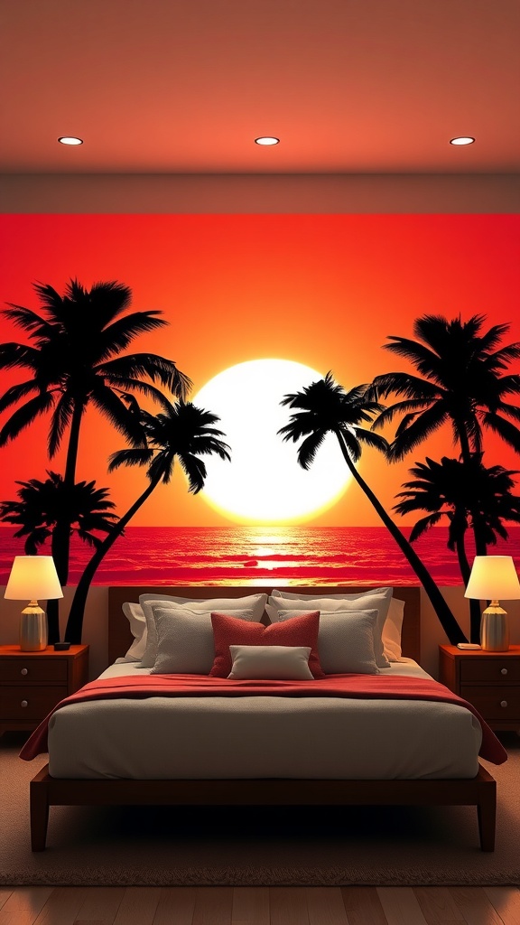 A wall mural featuring palm tree silhouettes against a vibrant sunset.