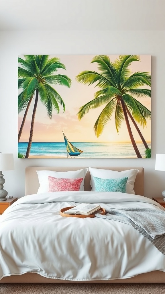 Tropical wall art featuring palm trees and a sailboat at sunset