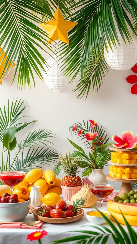 A colorful tropical bridal shower setup with fruits, drinks, and decor
