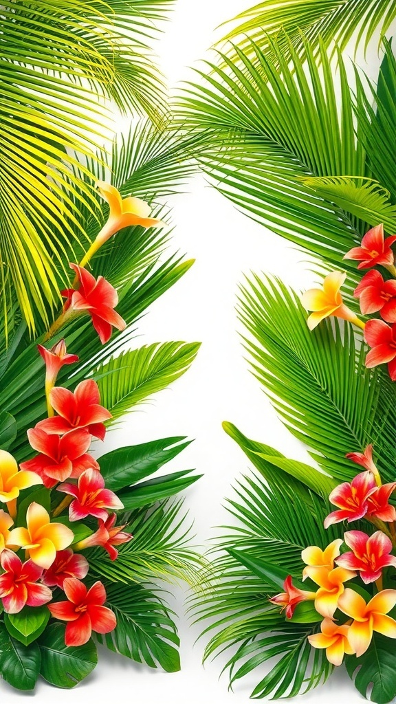 A tropical backdrop featuring palm leaves and vibrant flowers.
