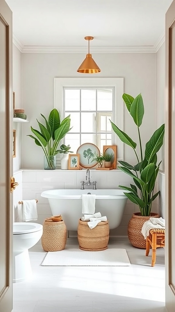 A bright bathroom featuring tropical plants in woven baskets, a freestanding tub, and a copper pendant light.
