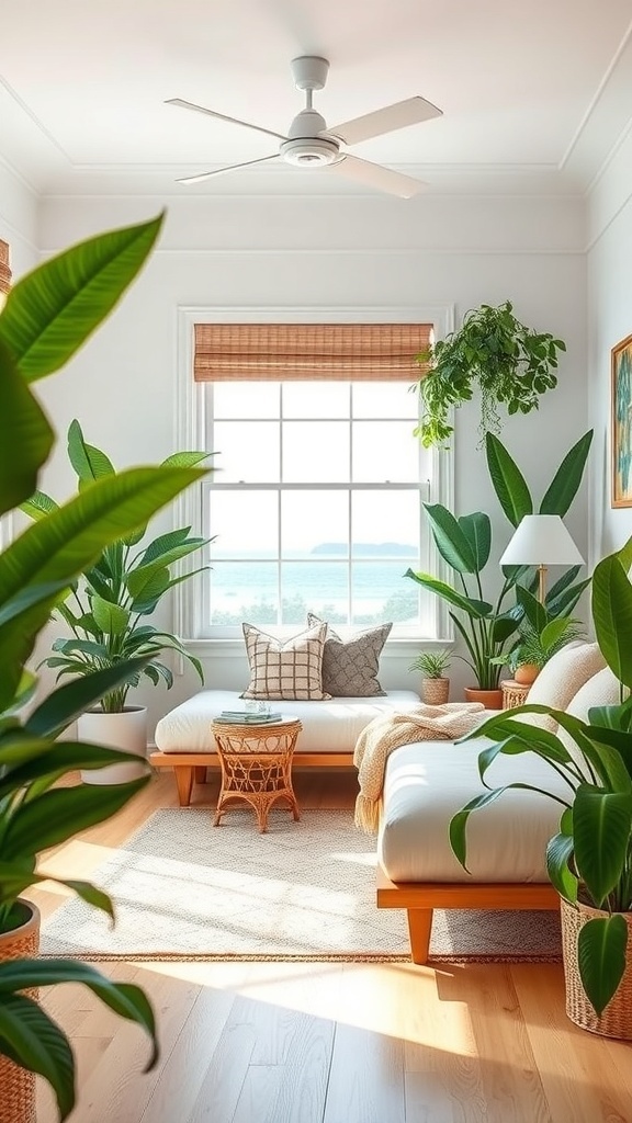 A bright coastal teen bedroom featuring tropical plants, a cozy sofa, and natural light.