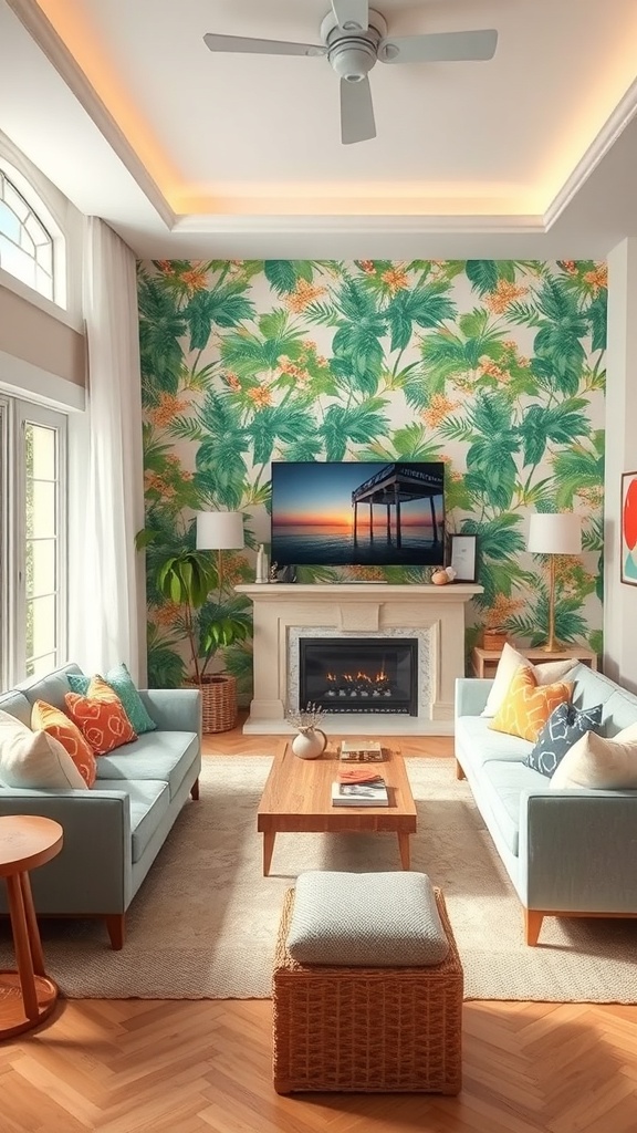 A cozy living room with tropical palm leaf wallpaper, light blue sofas, and a wooden coffee table.