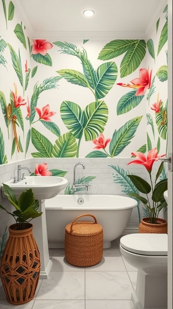 A small bathroom featuring tropical wallpaper with large green leaves and bright pink flowers, complemented by potted plants and woven baskets.