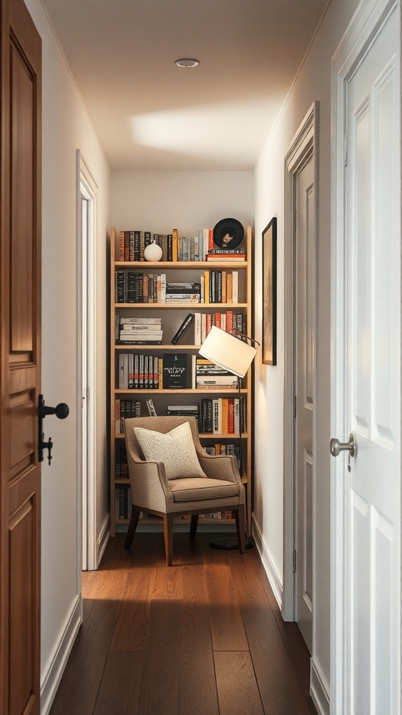 A cozy reading nook in a hallway with a chair and bookshelf.