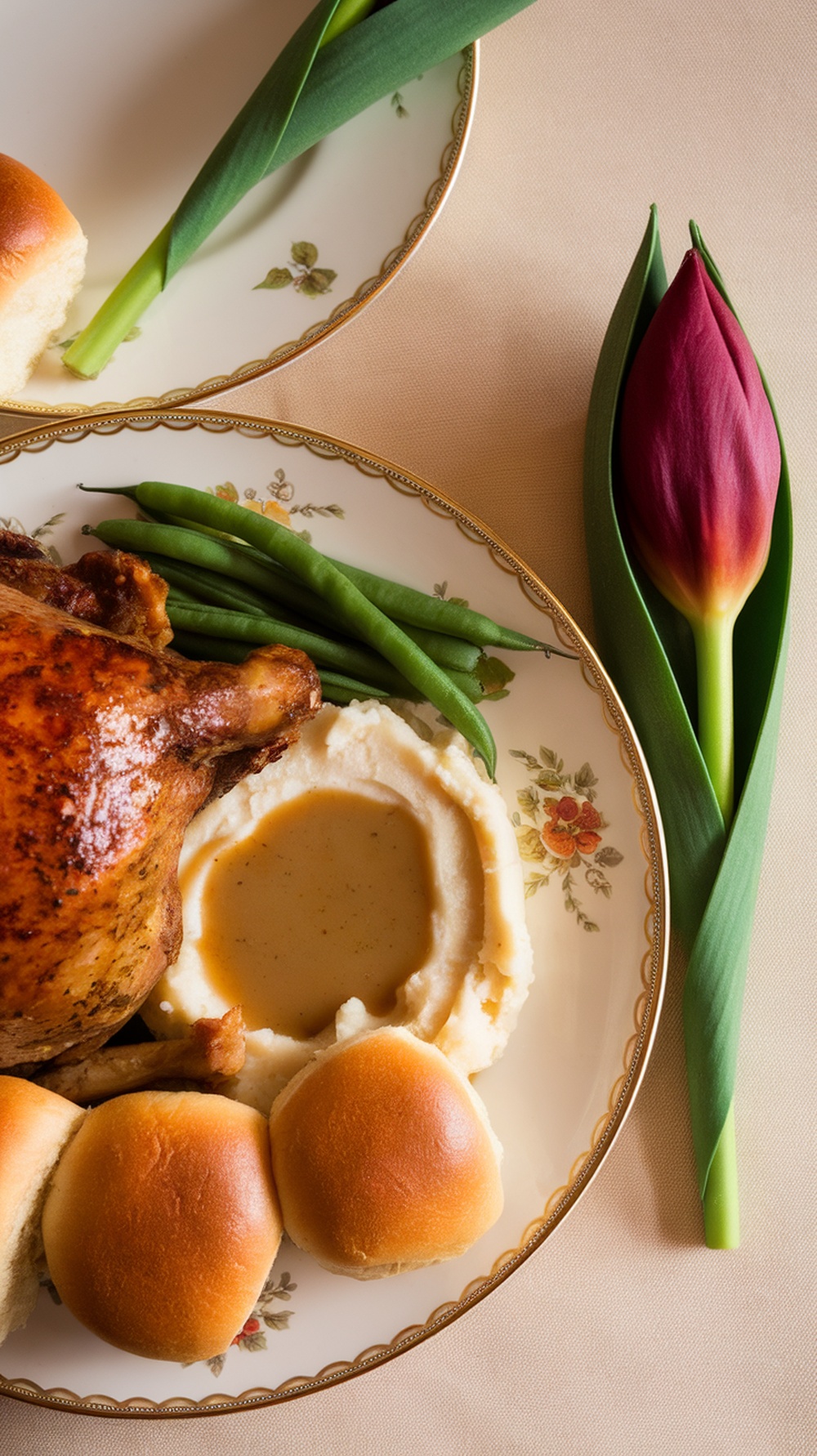 A beautifully folded tulip napkin beside a Thanksgiving meal on a decorative plate.