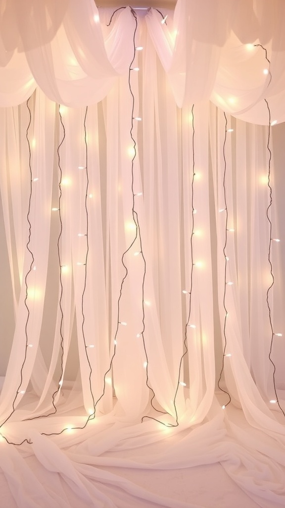 Soft tulle drapes adorned with twinkle lights for a bridal shower backdrop