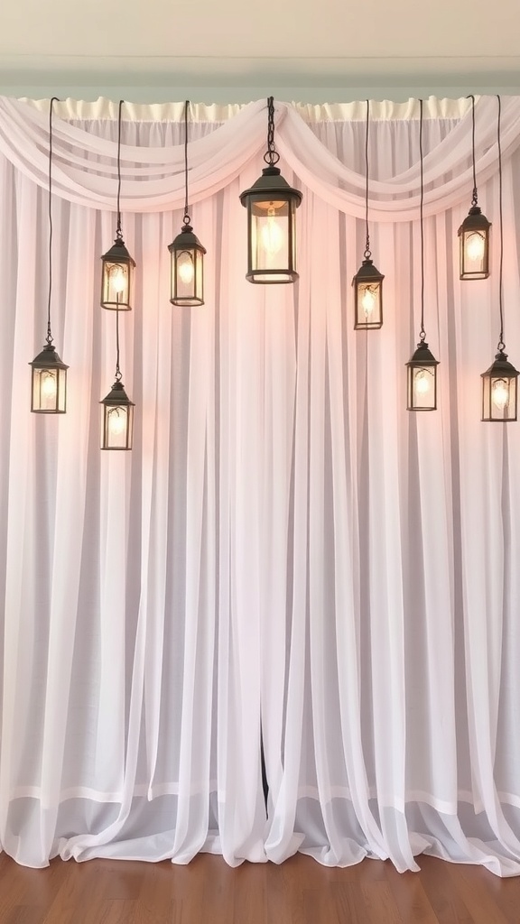 A beautiful tulle curtain backdrop adorned with hanging lanterns, creating a romantic atmosphere.