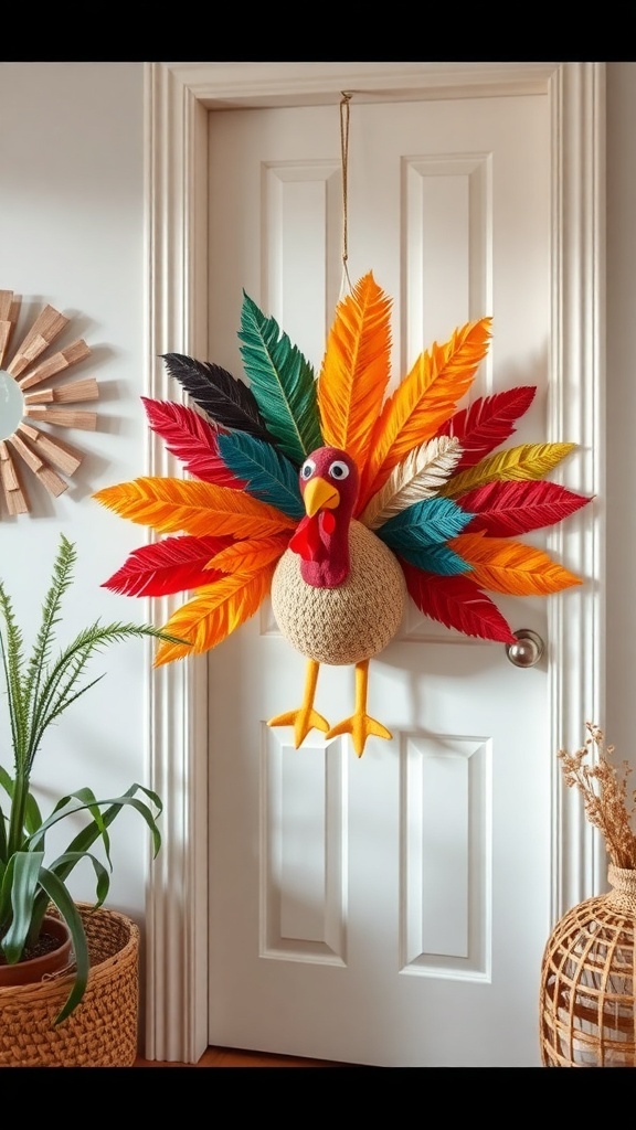 A colorful turkey door decoration with vibrant feathers hanging on a door.