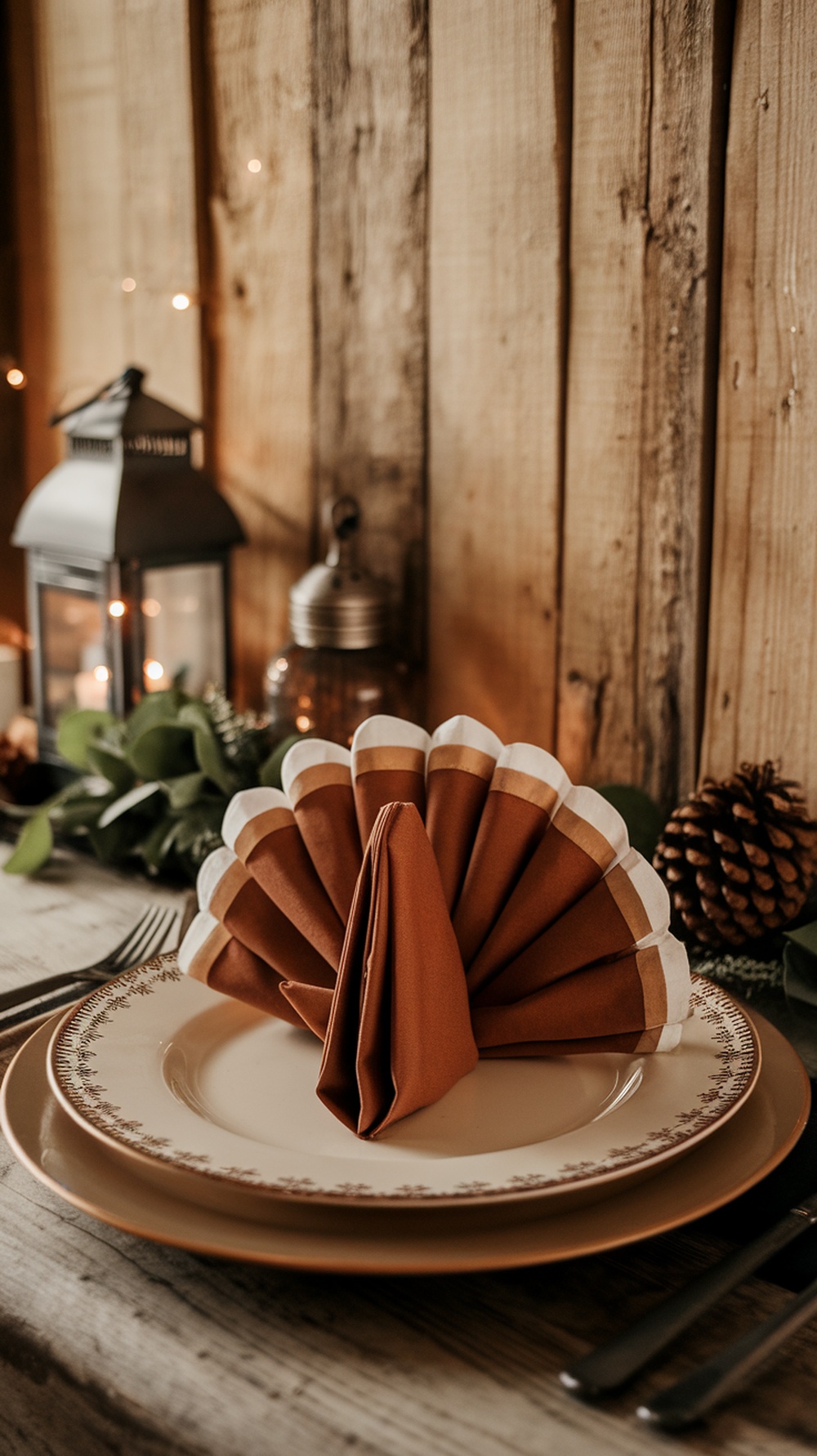 A beautifully folded turkey napkin on a plate, showcasing a festive Thanksgiving table setting.