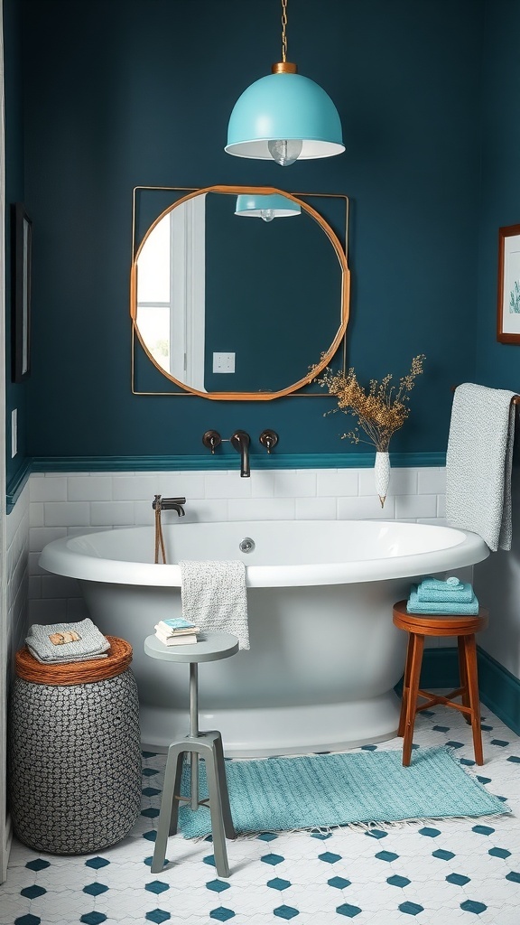 A dark blue bathroom featuring turquoise accents, a round mirror, and a stylish bathtub.