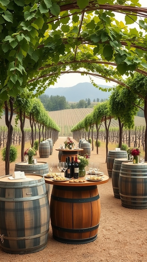 A scenic vineyard with wooden wine barrels and tables set up for a bridal shower, surrounded by lush grapevines.