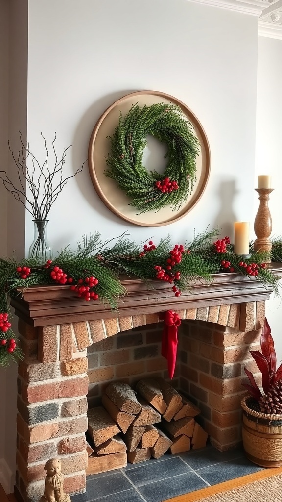 A rustic fireplace decorated with a twig and berry garland, featuring a wreath on the wall and candles on the mantel.