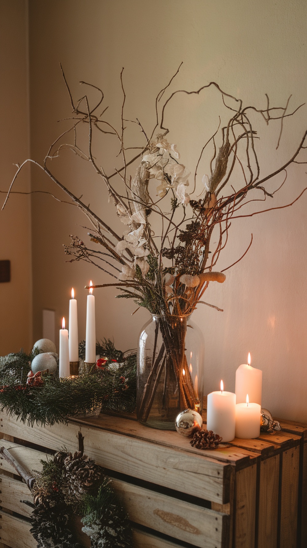 A rustic Christmas decor featuring twigs in a vase, white candles, and ornaments on a wooden crate.