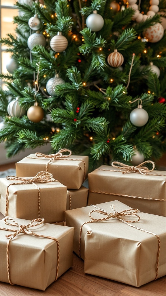 Twine-wrapped gift packages under a Christmas tree