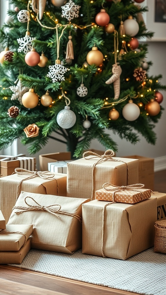 A collection of twine-wrapped gifts under a decorated Christmas tree.