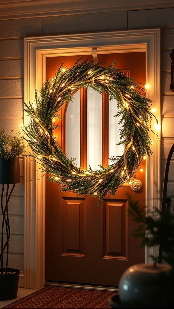 A winter wreath with fairy lights hanging on a front door, surrounded by a cozy home setting.