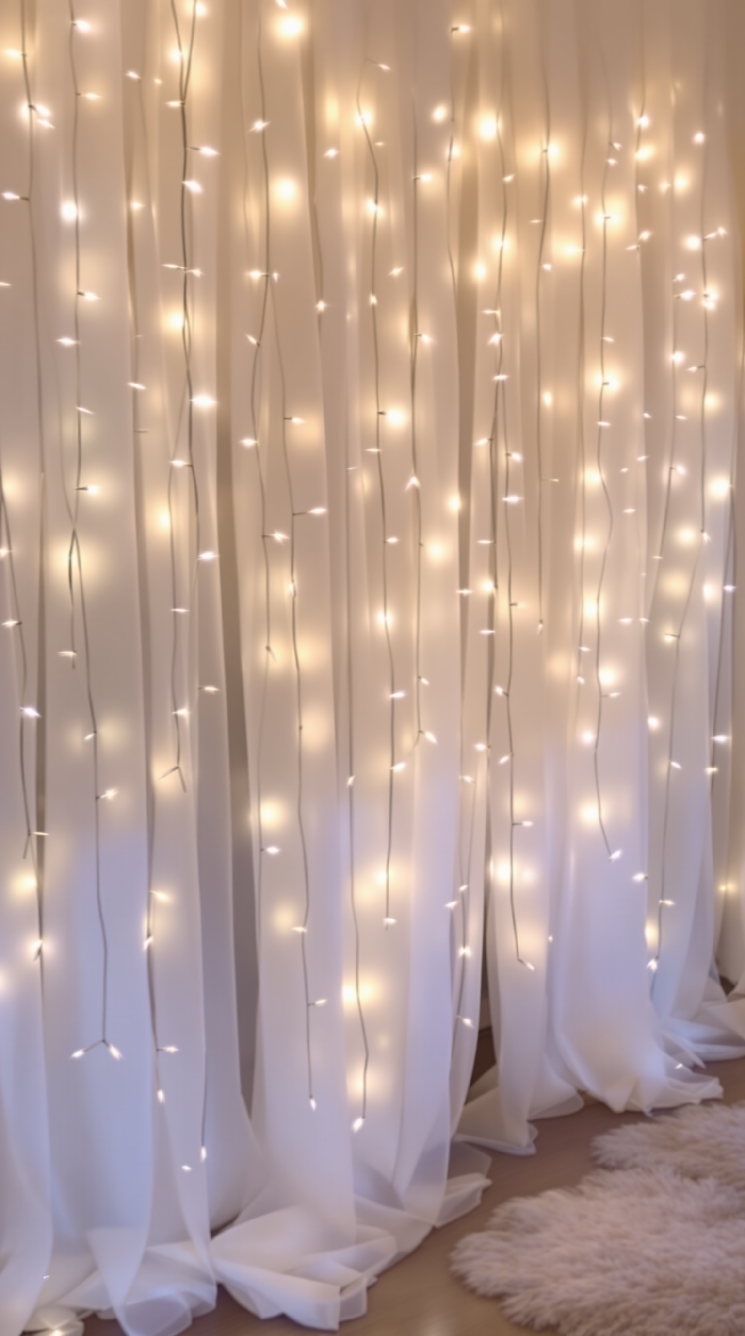 A beautifully decorated baby shower backdrop featuring twinkling fairy lights and soft tulle.