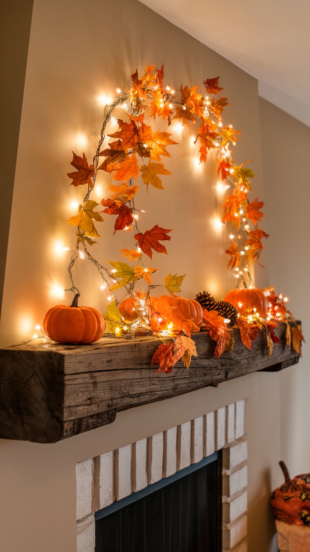 A mantel decorated with twinkling fairy lights and autumn leaves, featuring pumpkins and pinecones.