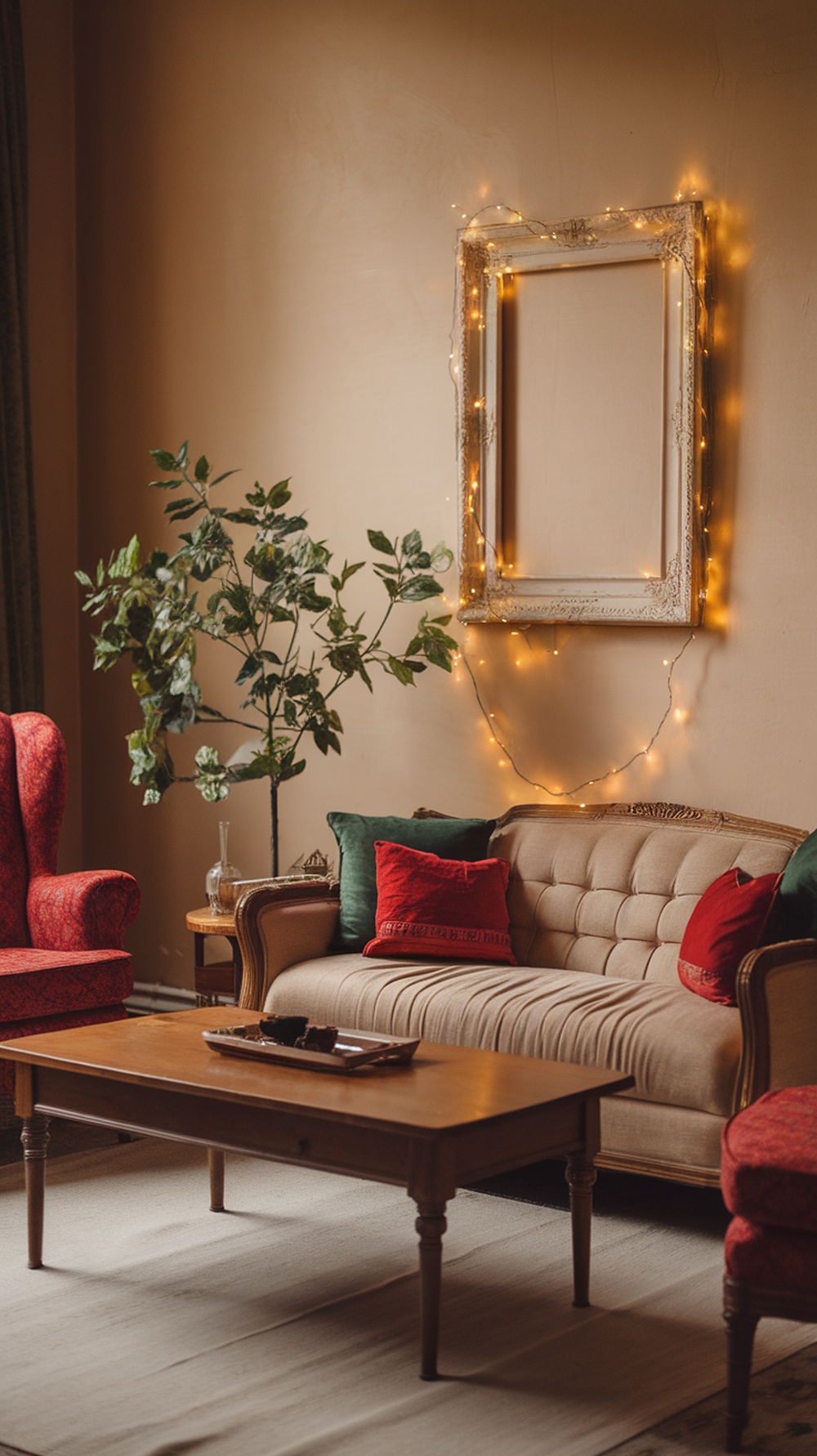 A cozy living room with twinkling fairy lights around a vintage frame, red and green cushions on a sofa, and a small plant.