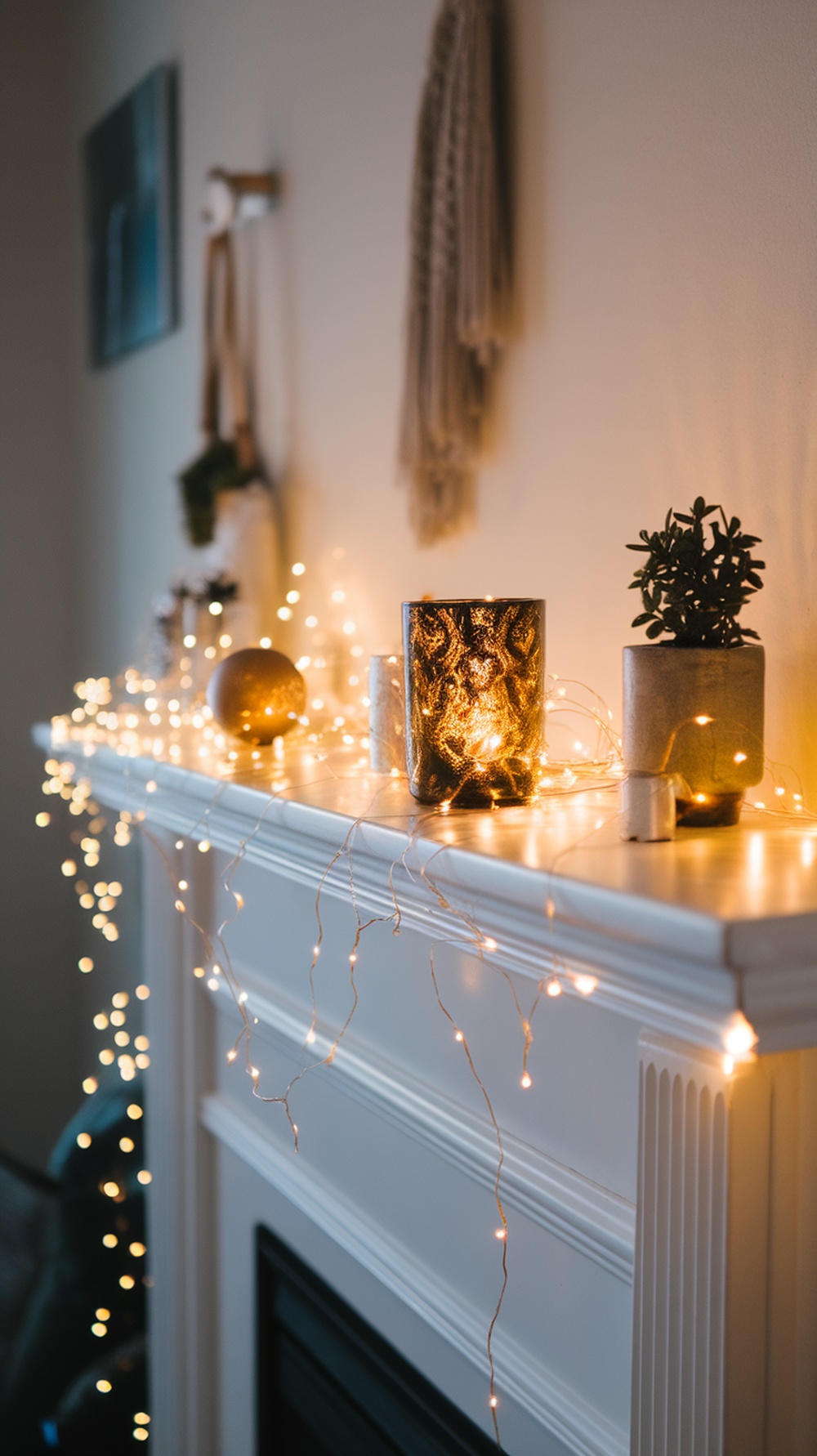 A cozy mantel decorated with twinkling fairy lights, candles, and small plants.