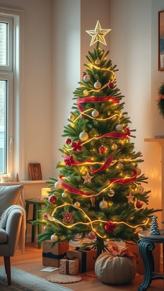 A beautifully decorated Christmas tree with twinkling fairy lights, colorful ornaments, and a star on top, creating a cozy holiday atmosphere.
