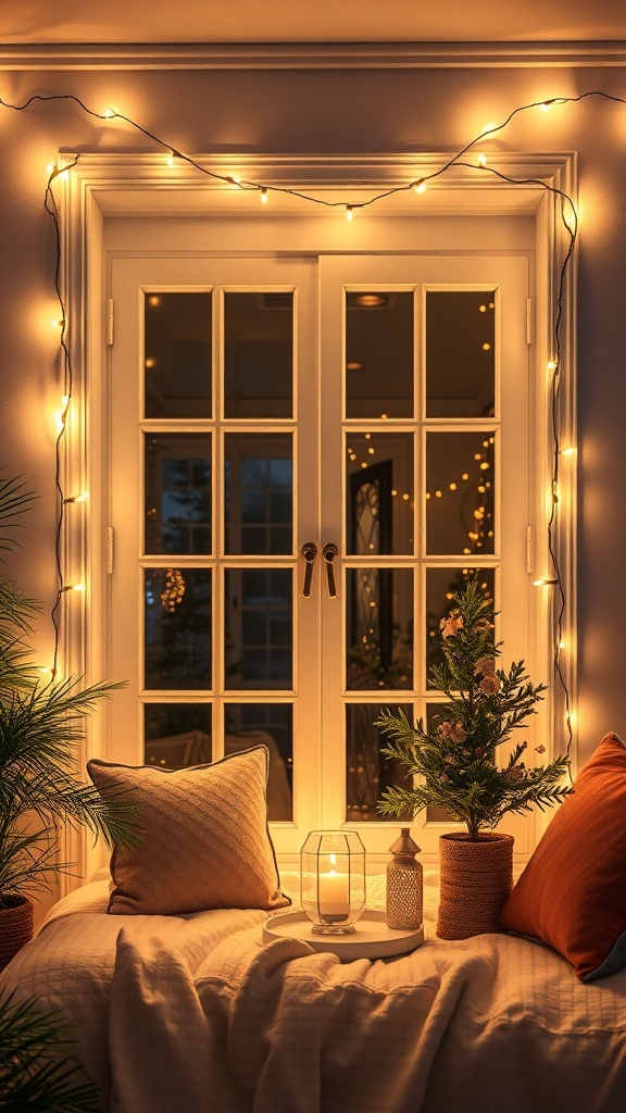 A cozy window decorated with twinkling fairy lights, a small potted tree, and cushions, creating a warm holiday atmosphere.