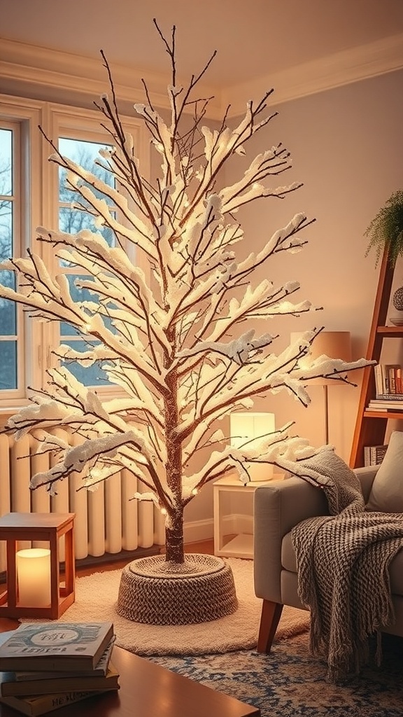 A decorative tree with twinkling lights and snowy branches in a cozy living room.