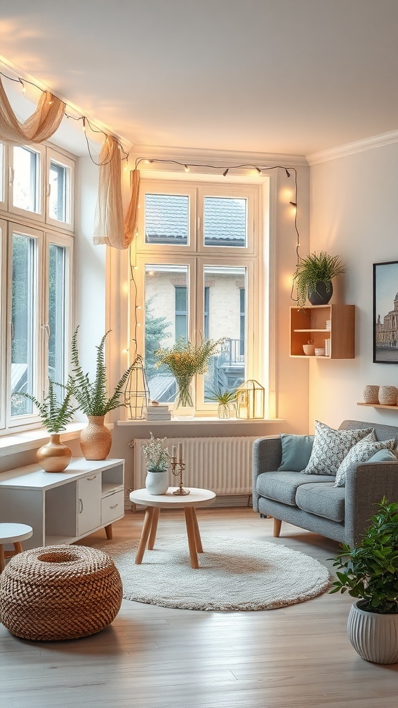 A cozy living room decorated with twinkling fairy lights, plants, and soft furnishings.