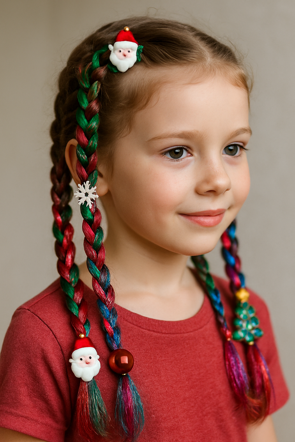 A young girl with colorful holiday braids decorated with Santa, a snowflake, and a Christmas tree.